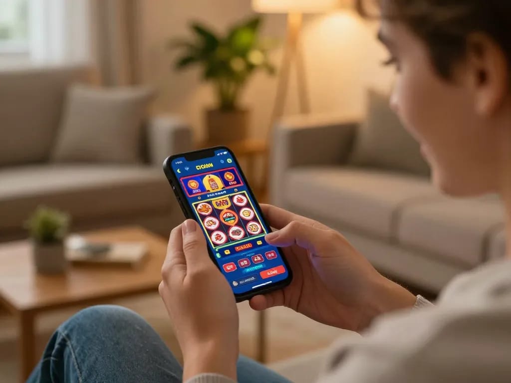 Player engaged in situs slot gacor gaming on mobile device in cozy living room.