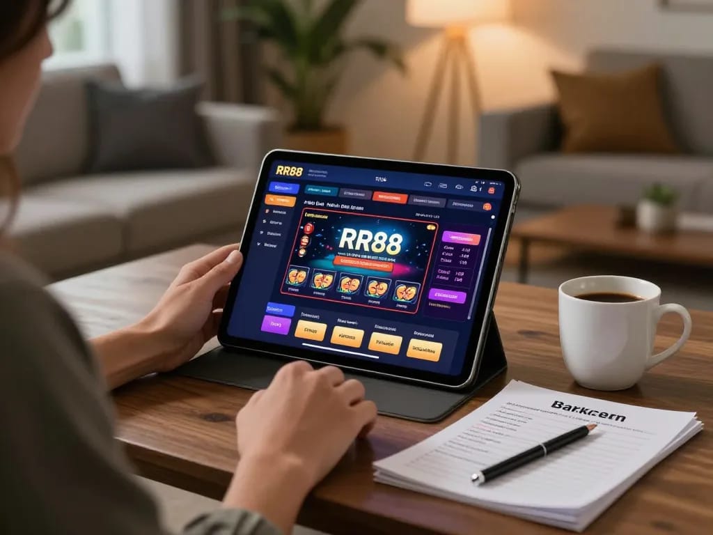 Engaging in online gambling at trang chủ rr88 using a tablet in a cozy home setting.
