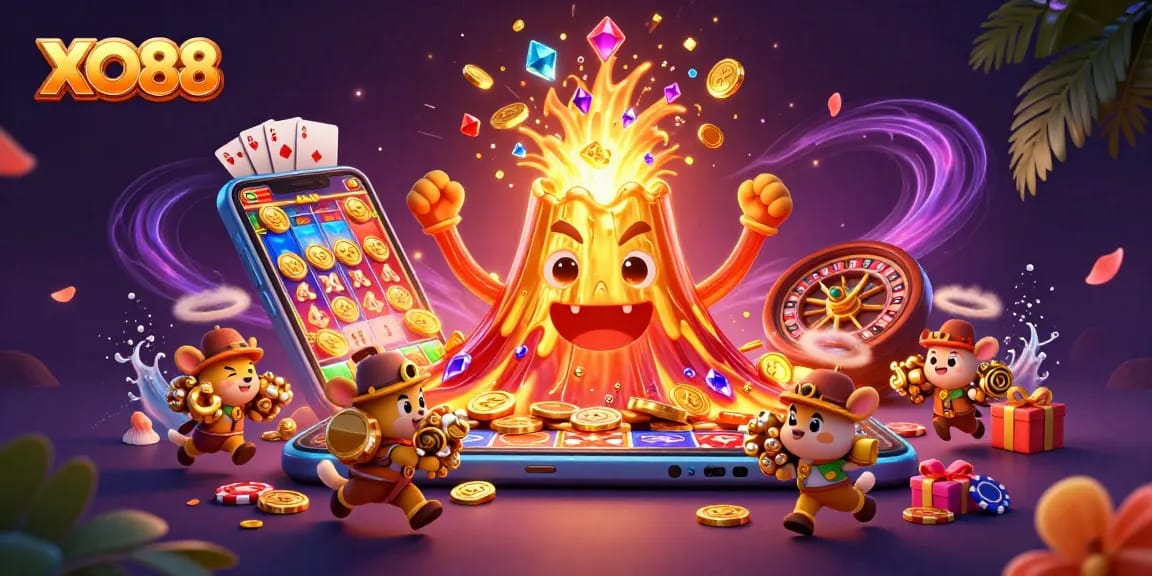 Vibrant XO88 illustration showcasing a victorious golden volcano amidst treasure, dynamic casino imagery, perfect for gamblers.