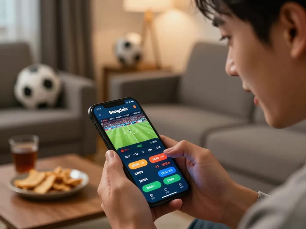 Bongdalu betting app displayed on smartphone while placing live sports bets during match