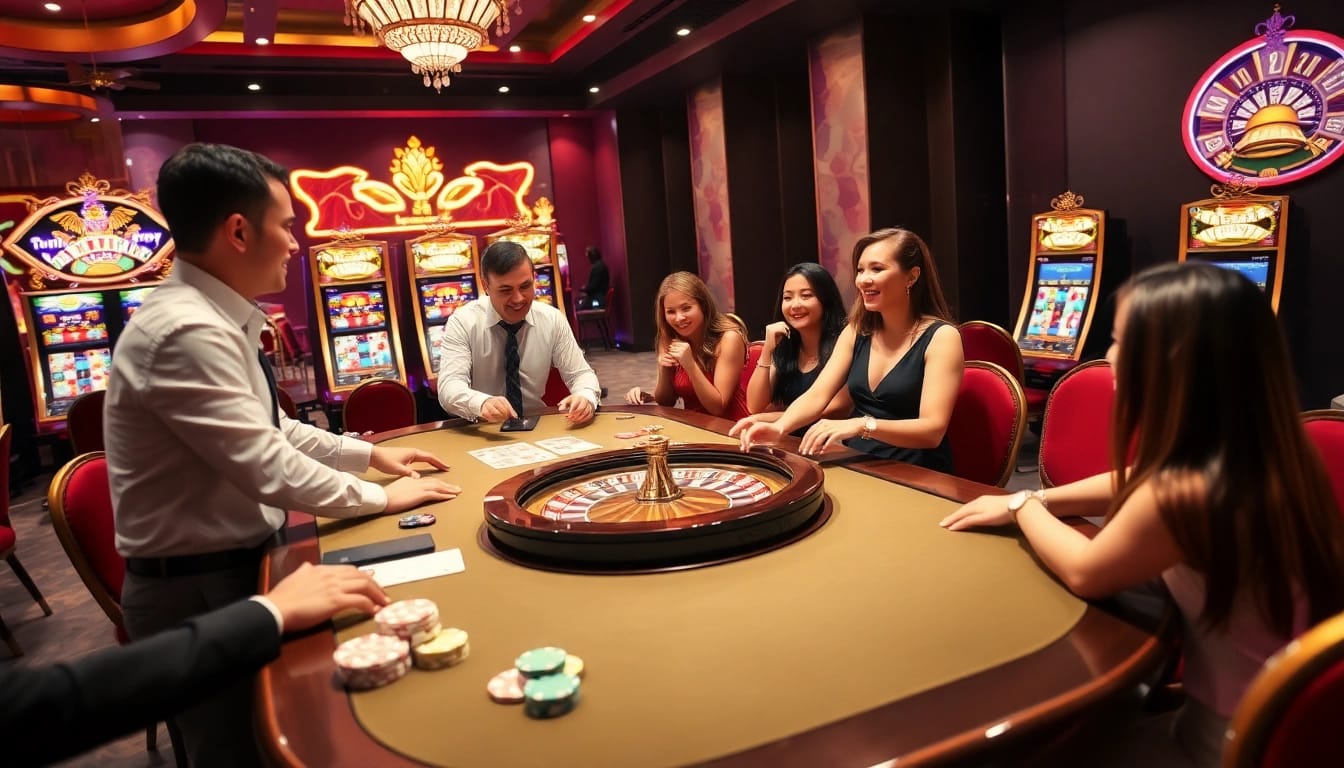 Experienced players celebrate winning big at tr88 casino, showcasing colorful chips and a roulette wheel.