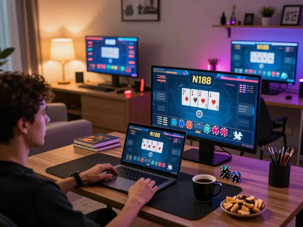 N188 game interface displayed on laptop in a cozy home gaming setup, showcasing player engagement.