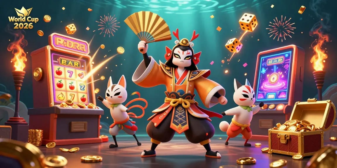 Engage in World Cup 2026 excitement with vibrant casino elements and 3D characters.