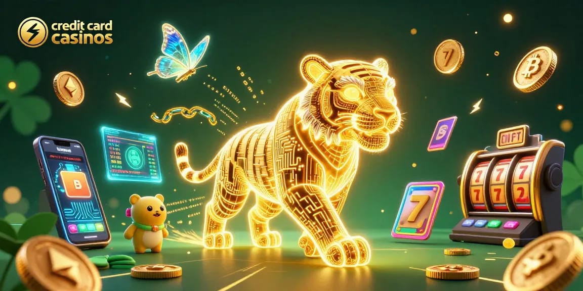 Engage with credit card casinos through an energetic 3D scene featuring a neon tiger, coins, and vibrant game elements.