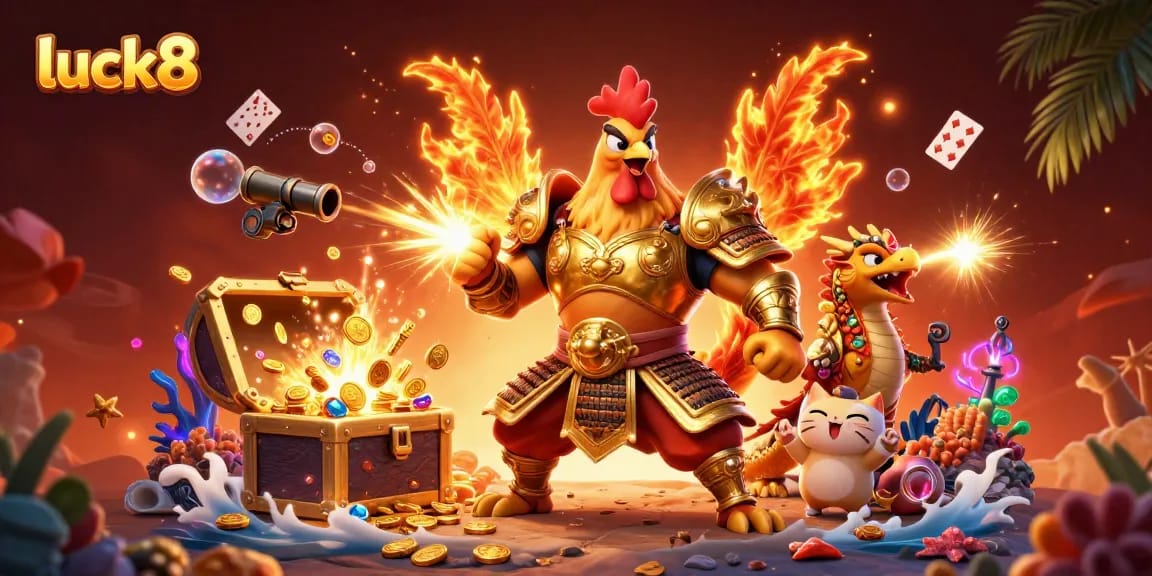 Win big with luck8 at this dynamic casino scene featuring playful characters and vibrant game elements.