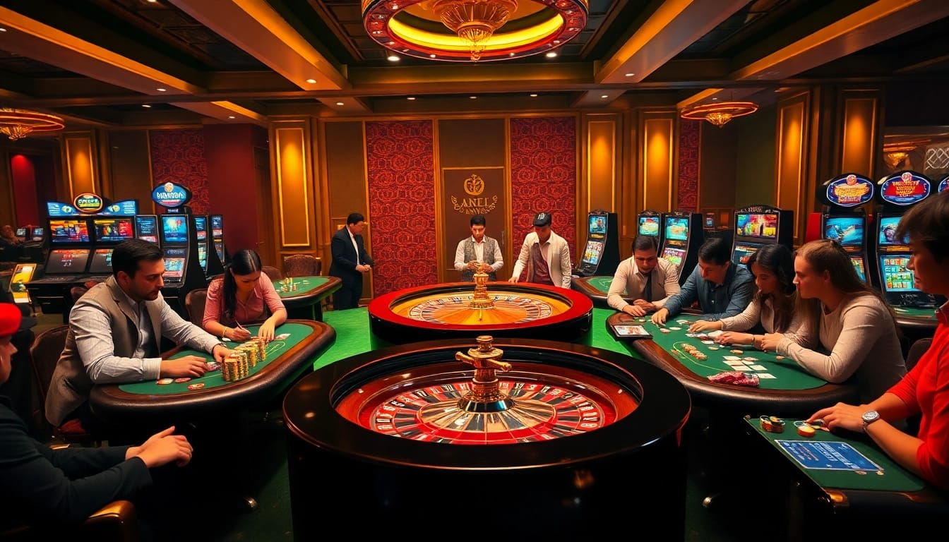 Engage with thrilling casino games at https://bem88.com with poker tables, roulette wheels, and vibrant atmosphere.