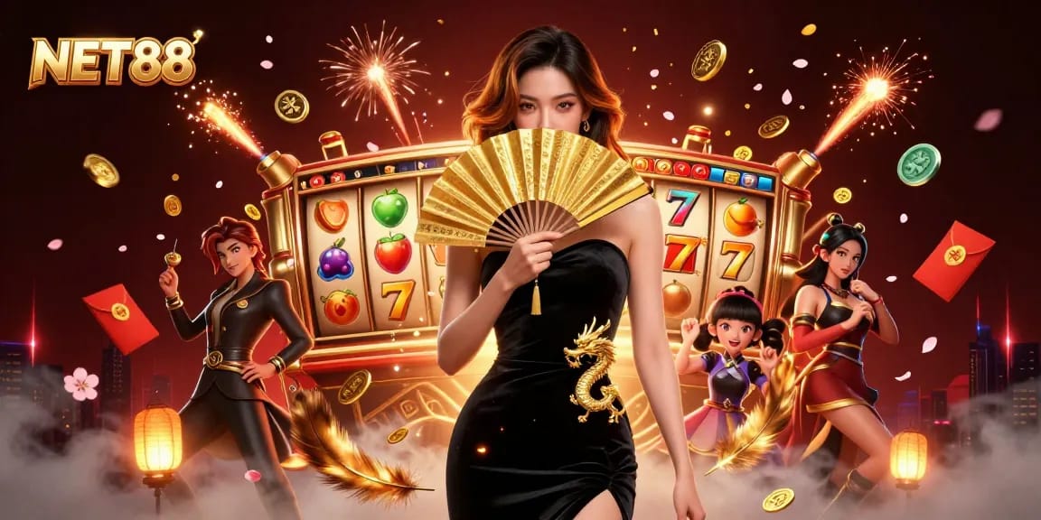 Experience thrilling NET88 casino action with vibrant slot reels and captivating characters.