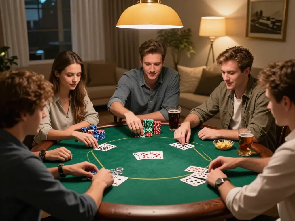 K8CC home poker game scene showcasing friends playing with excitement and chips on the table.