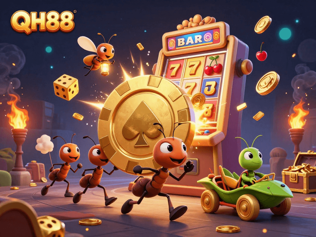 Experience the thrill of QH88 in a vibrant 3D scene where ants and a grasshopper navigate a casino heist.