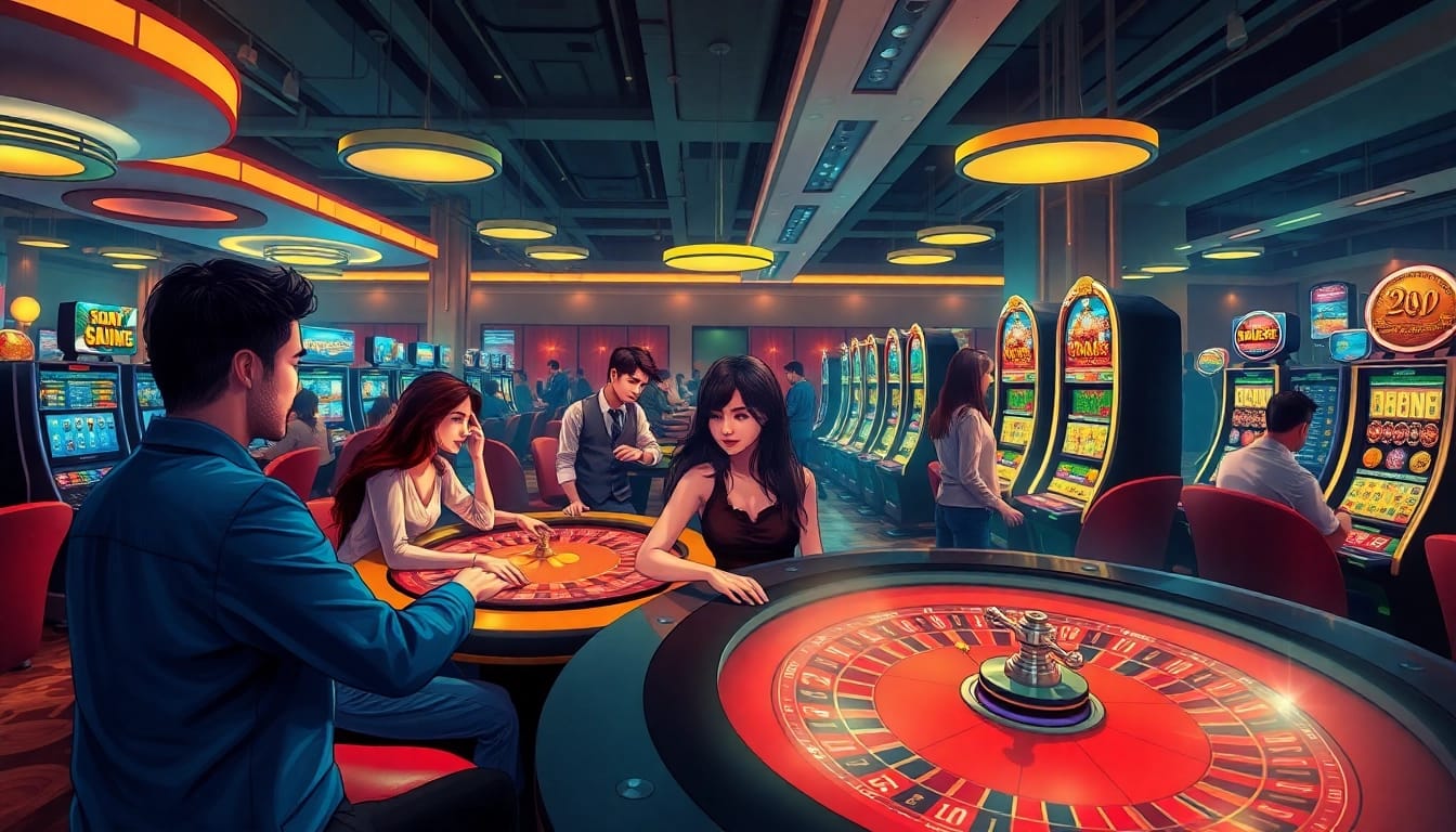 Engaging online gambling scene at onew88.com featuring diverse players and vibrant gaming interfaces.