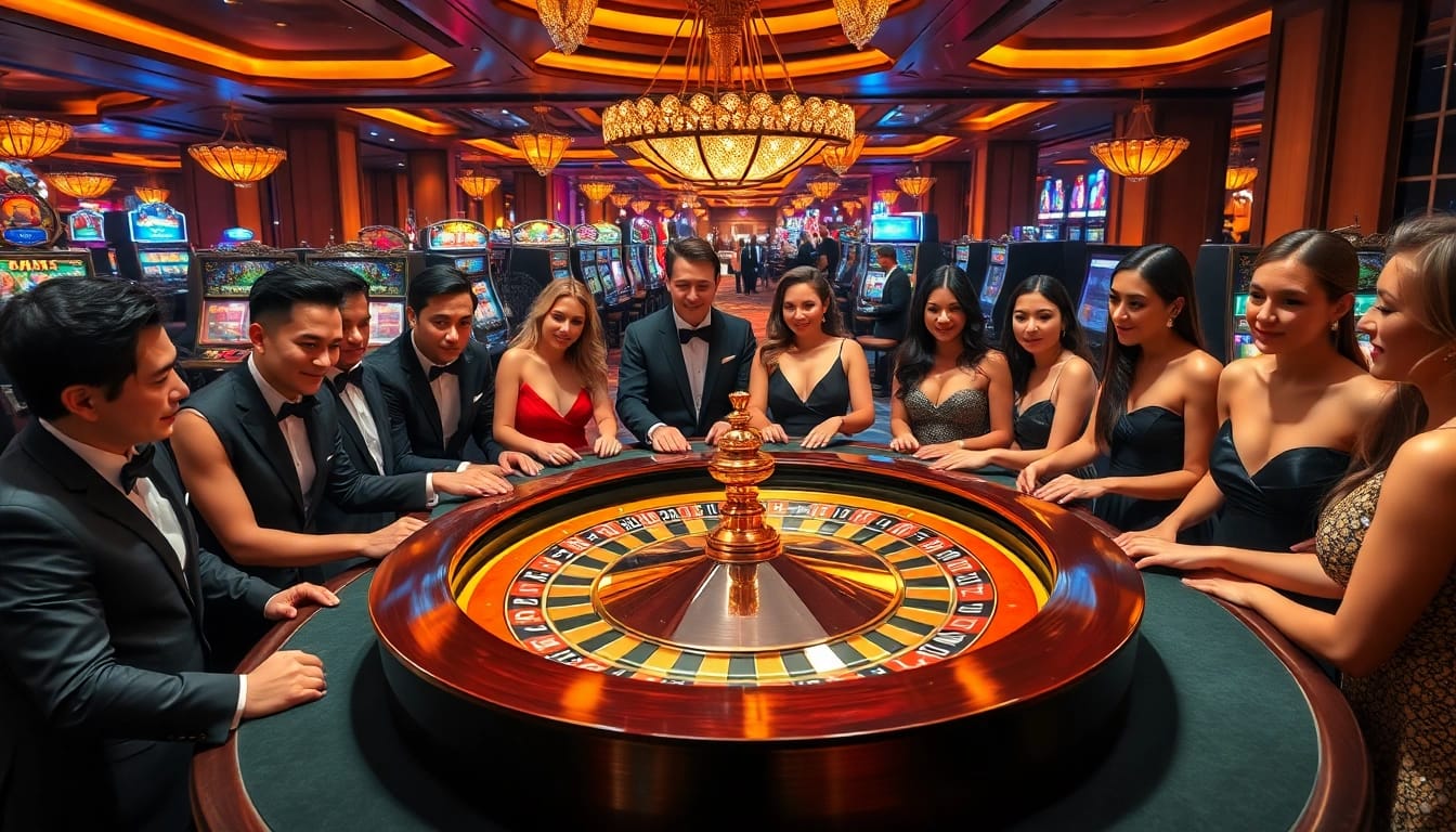 Gambling excitement at the roulette table with newphim-themed luxury casino ambiance