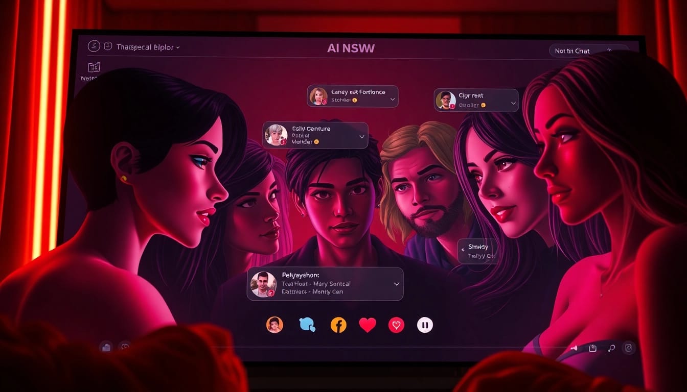 AI NSFW character chat interface showcasing engaging interactions with vibrant designs and emotional expressions.
