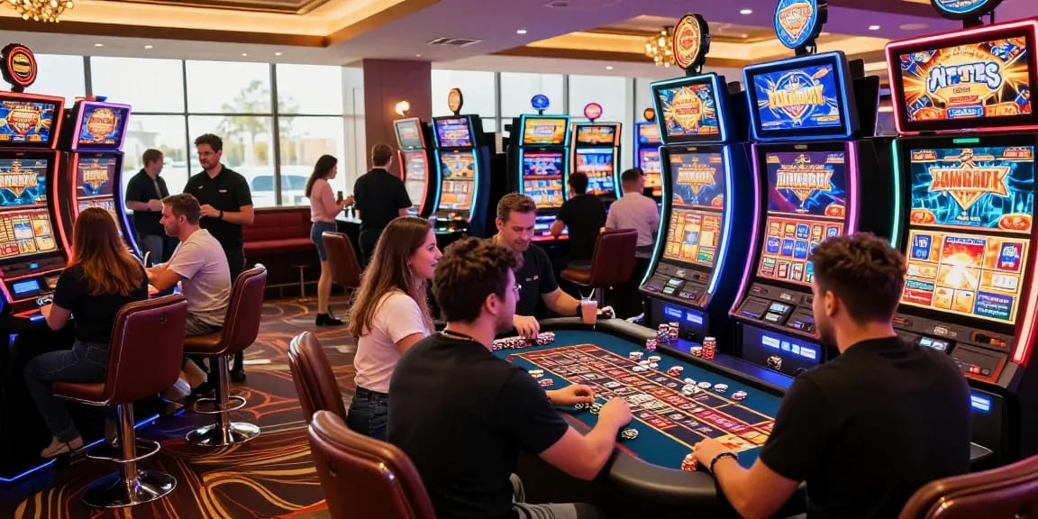 Exciting gaming atmosphere showcasing non UK casinos with players celebrating wins.