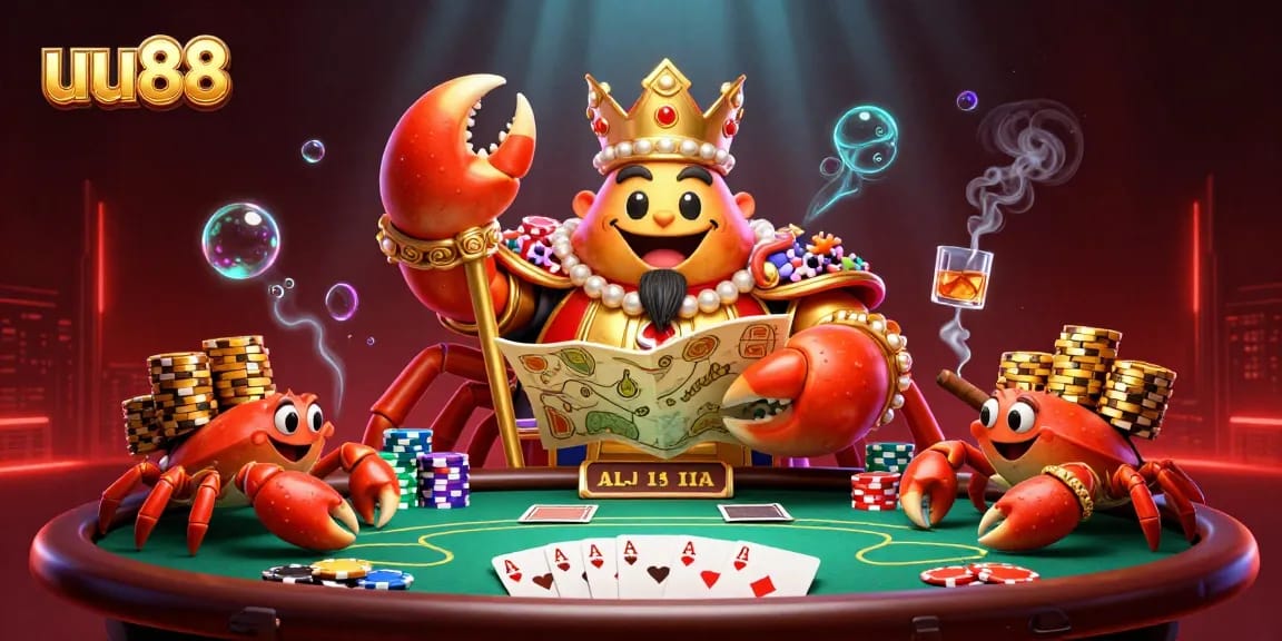 Experience thrilling gameplay at uu88 with a golden crab emperor and poker elements in a vibrant 3D scene.