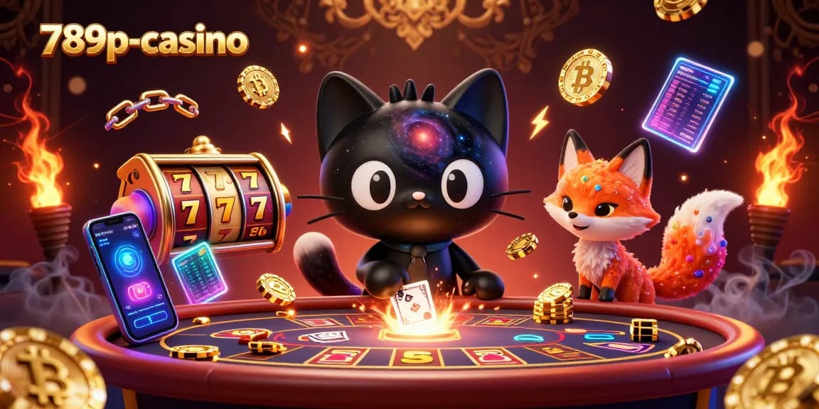 Play at 789p-casino, where a cosmic cat draws in chips and cards amid vibrant gaming elements.
