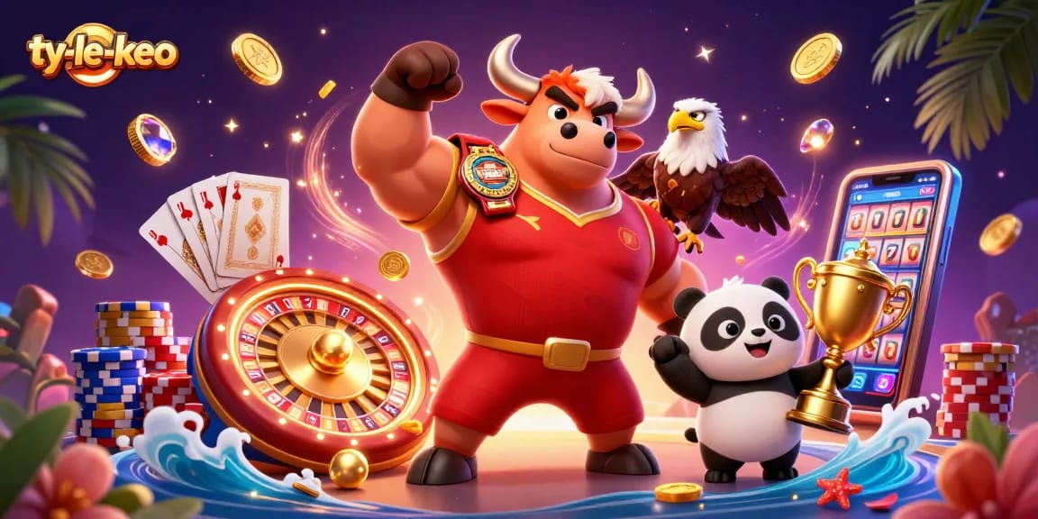 Engage in thrilling sports betting with ty-le-keo at a lively casino scene featuring iconic mascots.