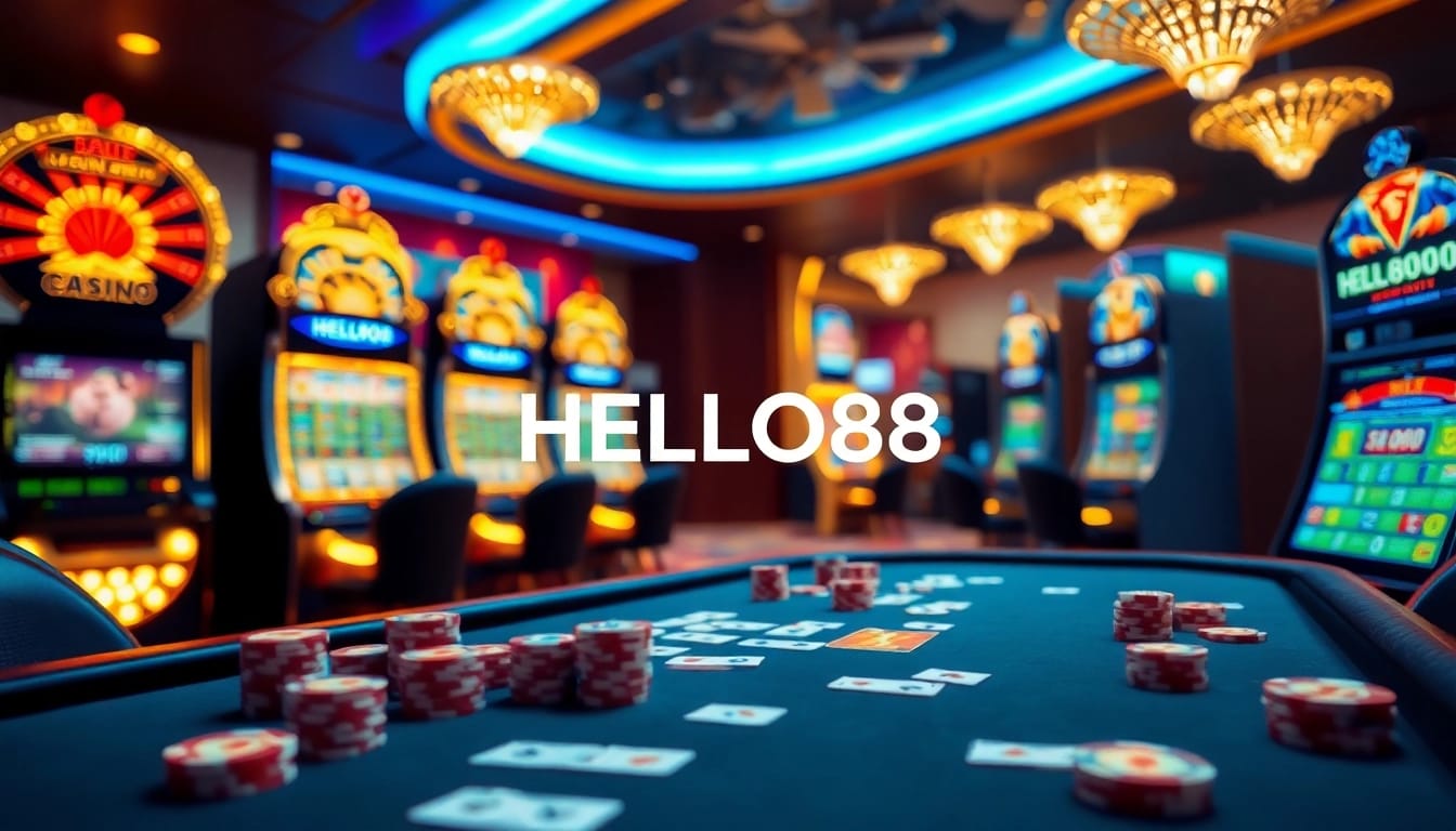 Casino scene highlighting HELLO88 with vibrant gaming tables and slot machines.