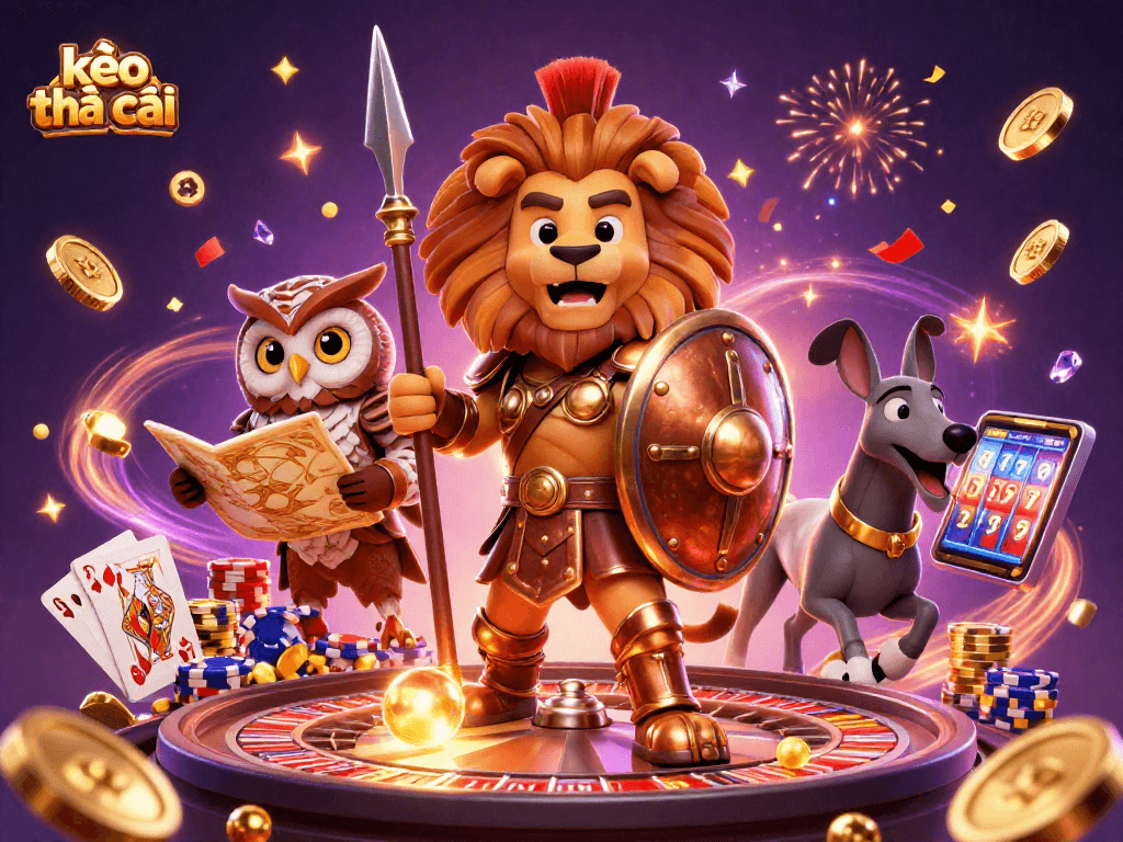 Engage with kèo nhà cái as vibrant characters celebrate casino wins among coins and cards.
