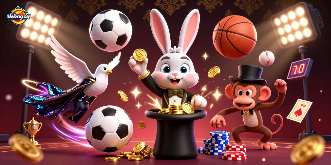 Engage in trực tiếp bóng đá with thrilling 3D illustration featuring sports balls and dynamic casino elements.