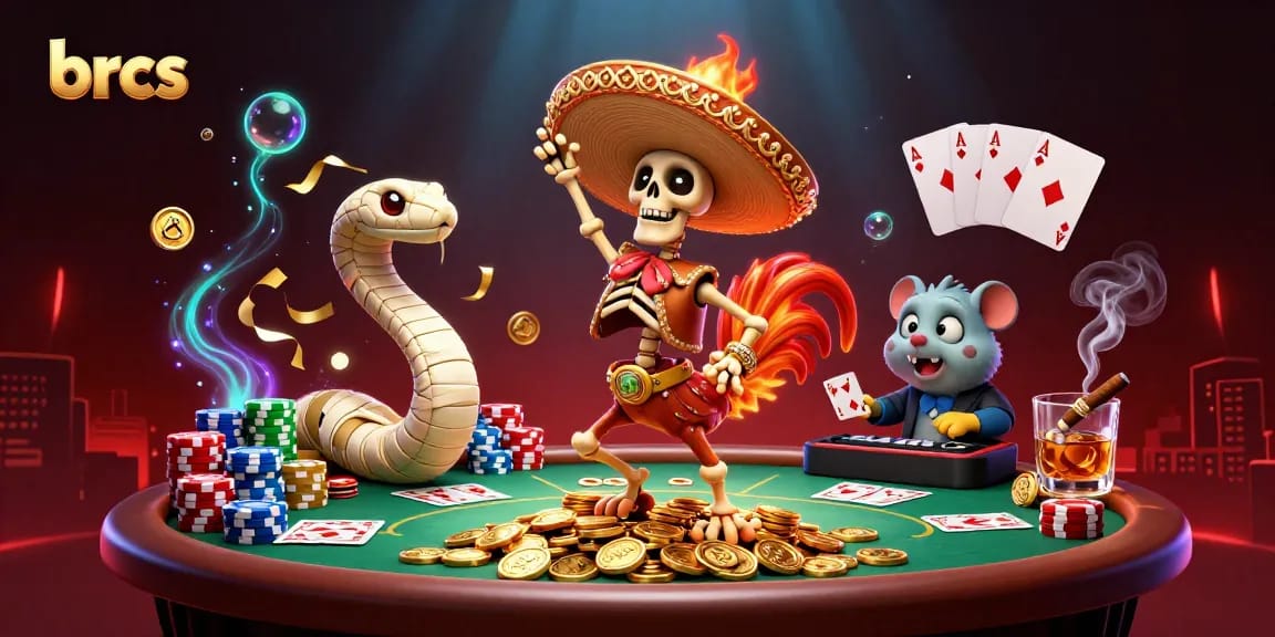 Engage with brcs at the vibrant casino scene featuring skeletons, poker elements, and exhilarating energy.