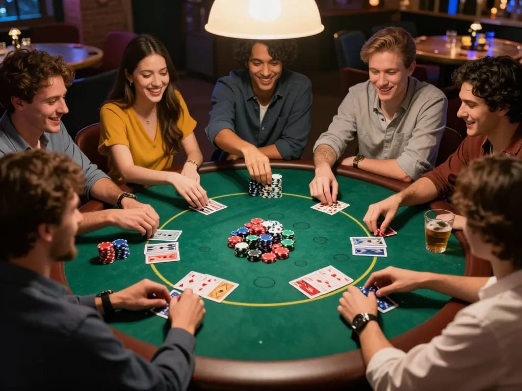 Playing tg88 game of poker with friends during a lively home game night.