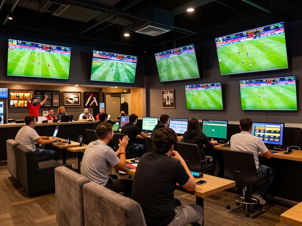 Soi kèo action in a lively sports betting lounge with fans watching live matches and analyzing odds.