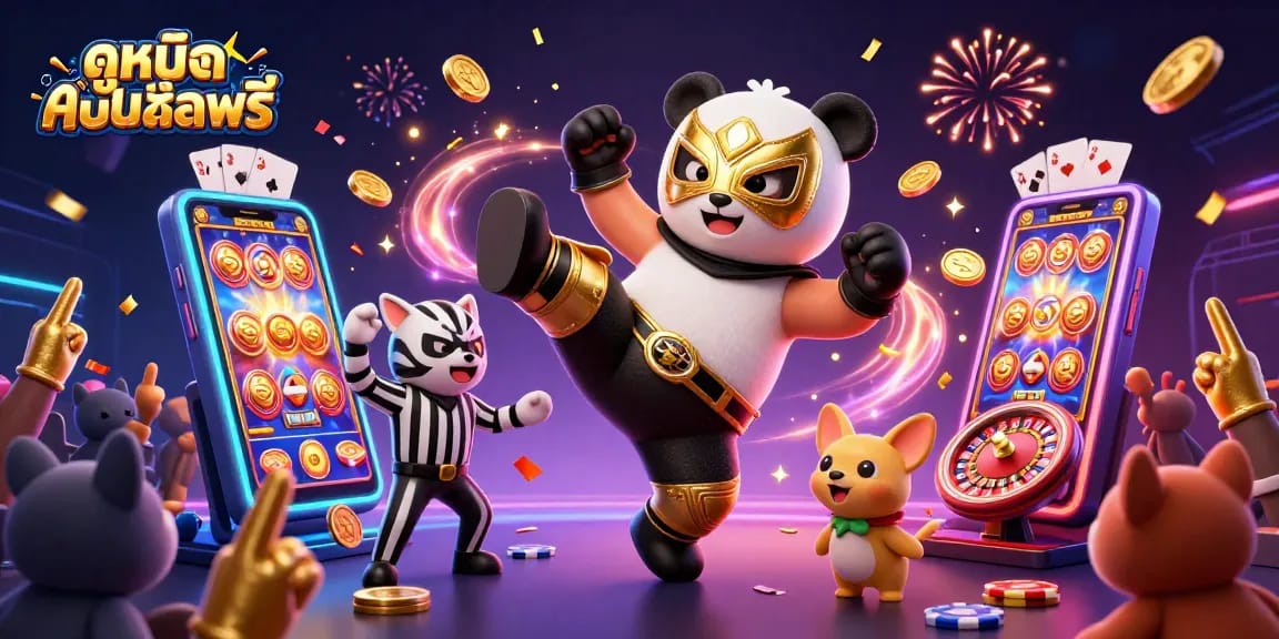 Experience ดูหนังออนไลน์ฟรี with vibrant 3D action as a panda wrestler performs amidst casino game excitement.