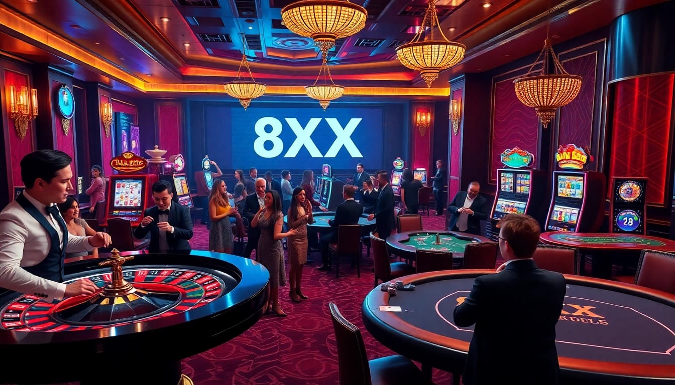 Cheerful gamblers at a picturesque casino enjoying games in connection with link 8XX.