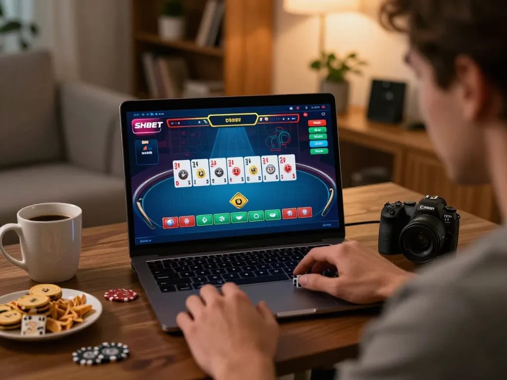 Player enjoying a thrilling SHBET poker game on a laptop in a cozy home setting