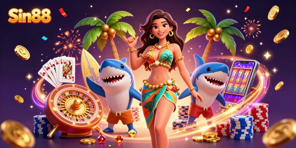 Experience the thrill of Sin88 casino with a vibrant 3D illustration featuring games and lucky symbols.