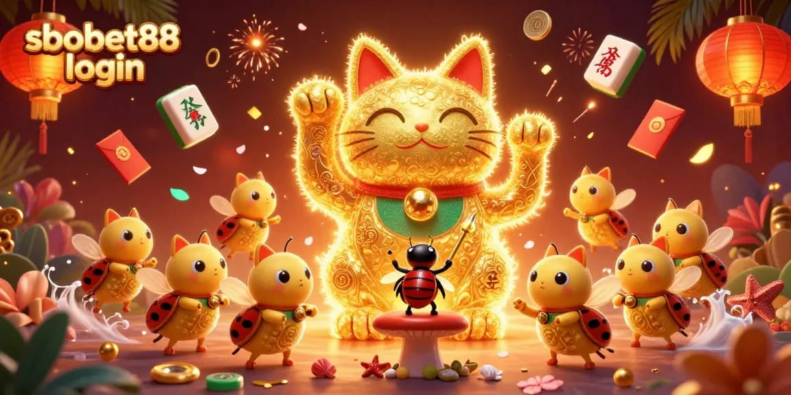 Experience the excitement of sbobet88 login through a vibrant golden cat and glowing casino elements.