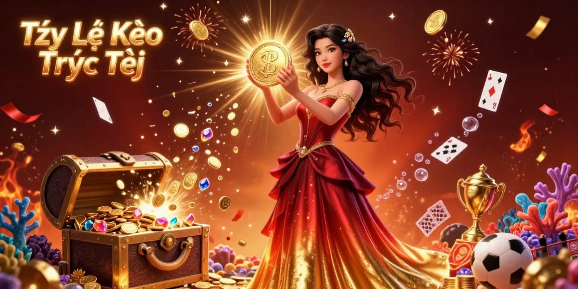Tỷ Lệ Kèo Trực Tiếp showcases a radiant woman celebrating wins with gold coins and vibrant gambling elements.