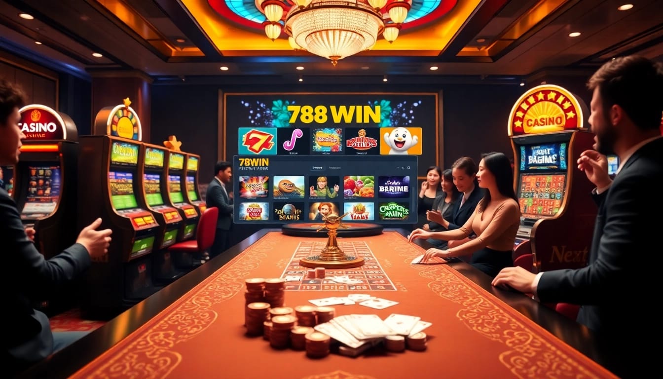 Excited players enjoying gaming at 78WIN casino, featuring vibrant tables and slot machines.