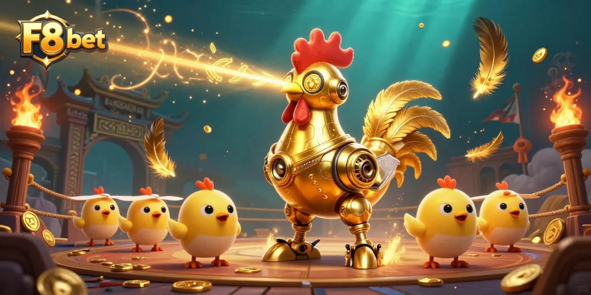 Experience the excitement of F8 bet with a dynamic scene featuring a golden rooster robot and baby chicks amid casino elements.