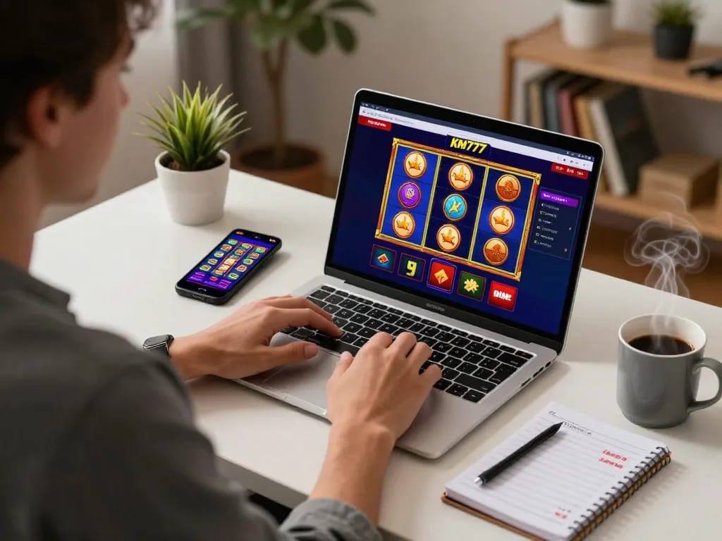 Play exciting km777 games on a stylish home gaming setup showcasing vibrant online casino interfaces.