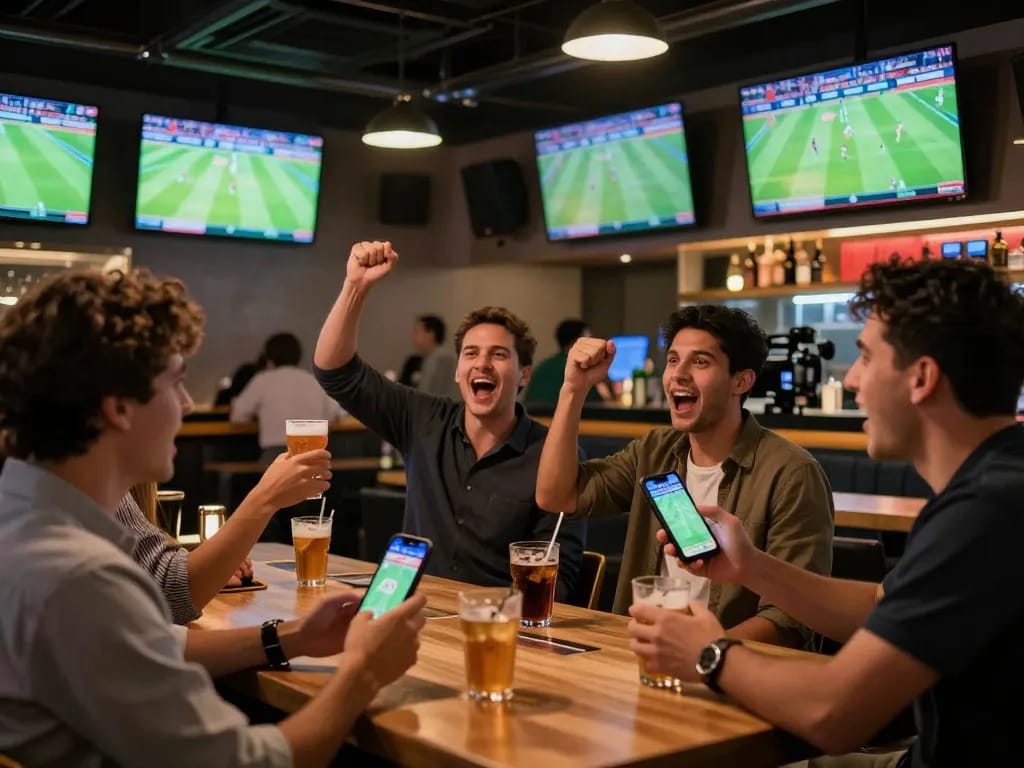 Excited fans engaging in sports betting with 7mcn app open on their smartphones