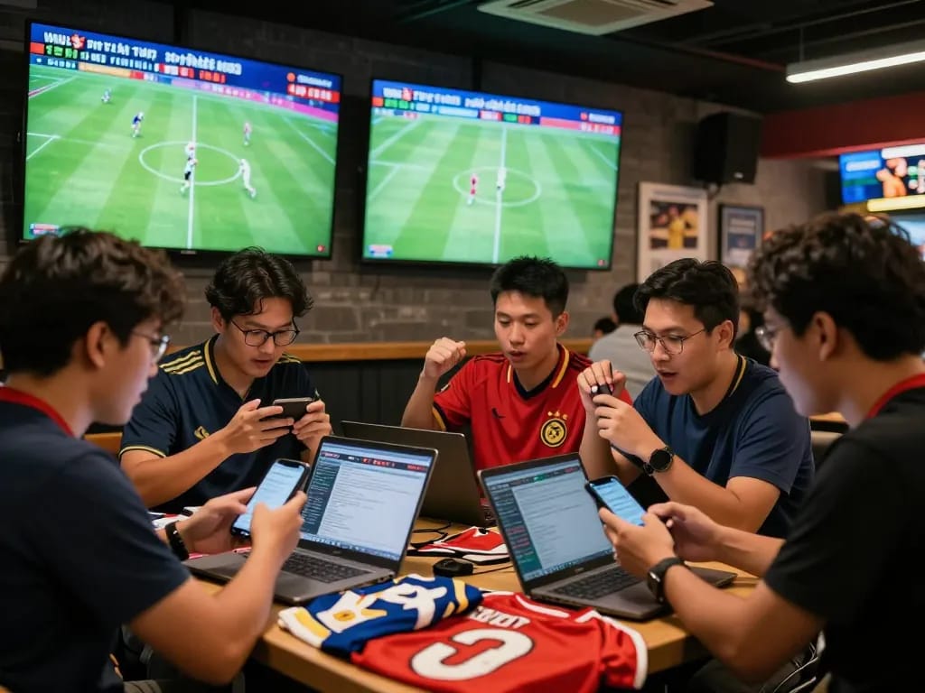 Excited bettors analyzing tỷ lệ kèo in a lively sports bar setting.