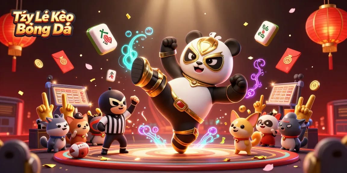 Tỷ Lệ Kèo Bóng Đá scene featuring a dynamic wrestling panda among sports betting elements and cheering spectators