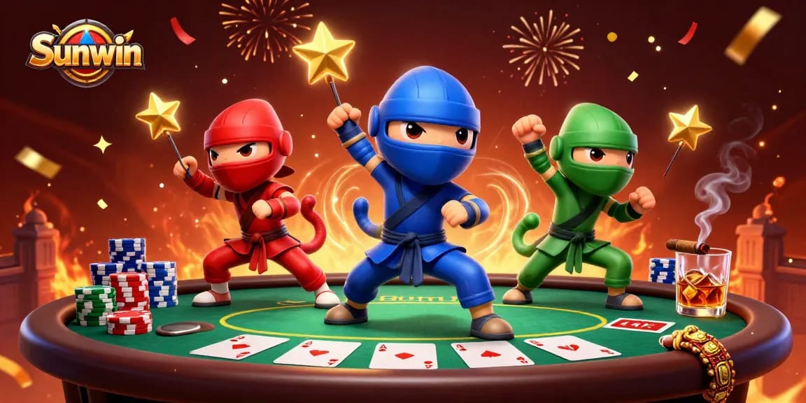 Sunwin showcases a vibrant 3D illustration of dynamic ninja characters in a lively poker scene.