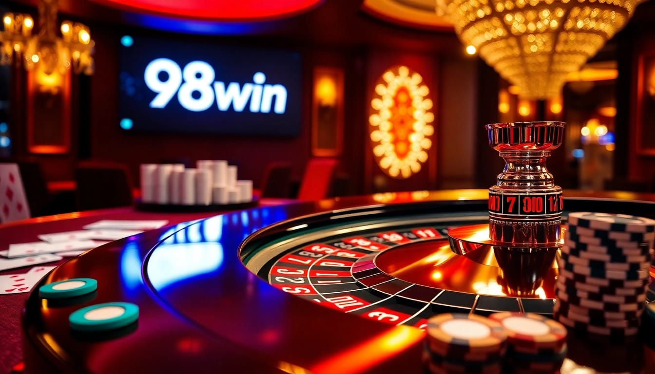 A roulette wheel in action at a luxurious casino featuring 98win branding.