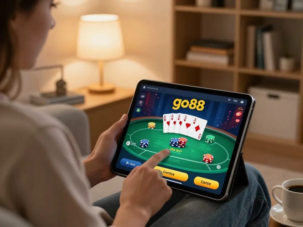 Play Go88 on your tablet while enjoying a relaxing evening at home, showcasing an engaging poker game.