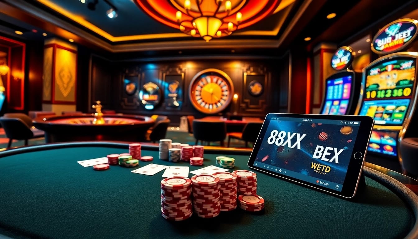 Experience the thrill of gambling with 88XX BET at a vibrant casino setting featuring tables, chips, and online betting.