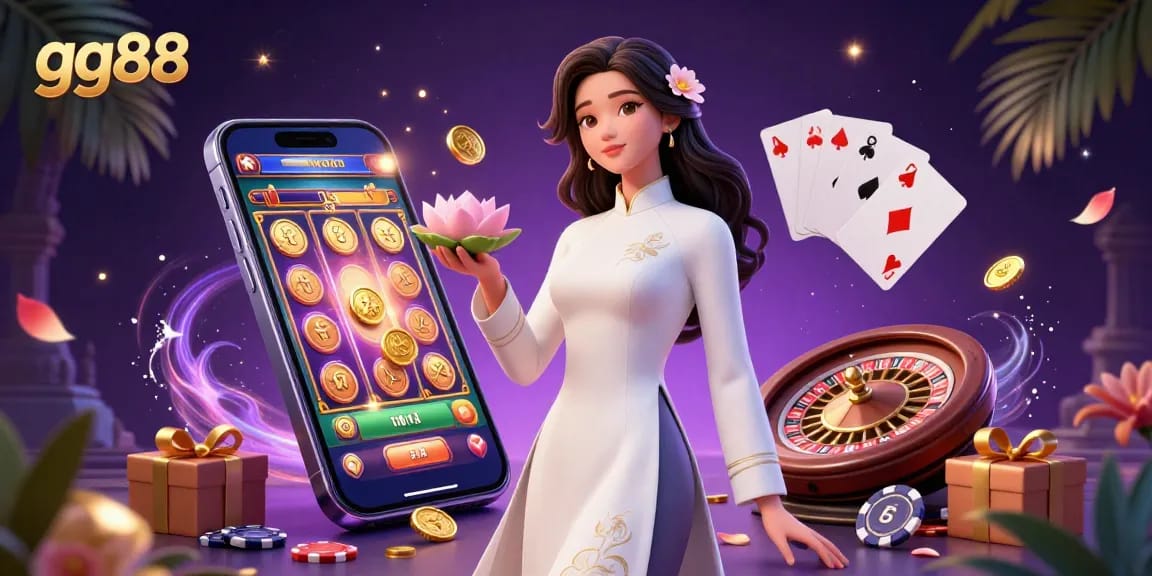 Experience thrilling slot games with gg88 in this vibrant 3D casino illustration featuring an elegant Asian woman.