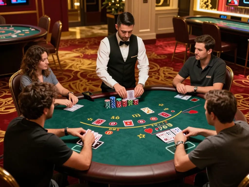 Players enjoying blackjack gameplay at king88 com casino table, showcasing vibrant atmosphere.