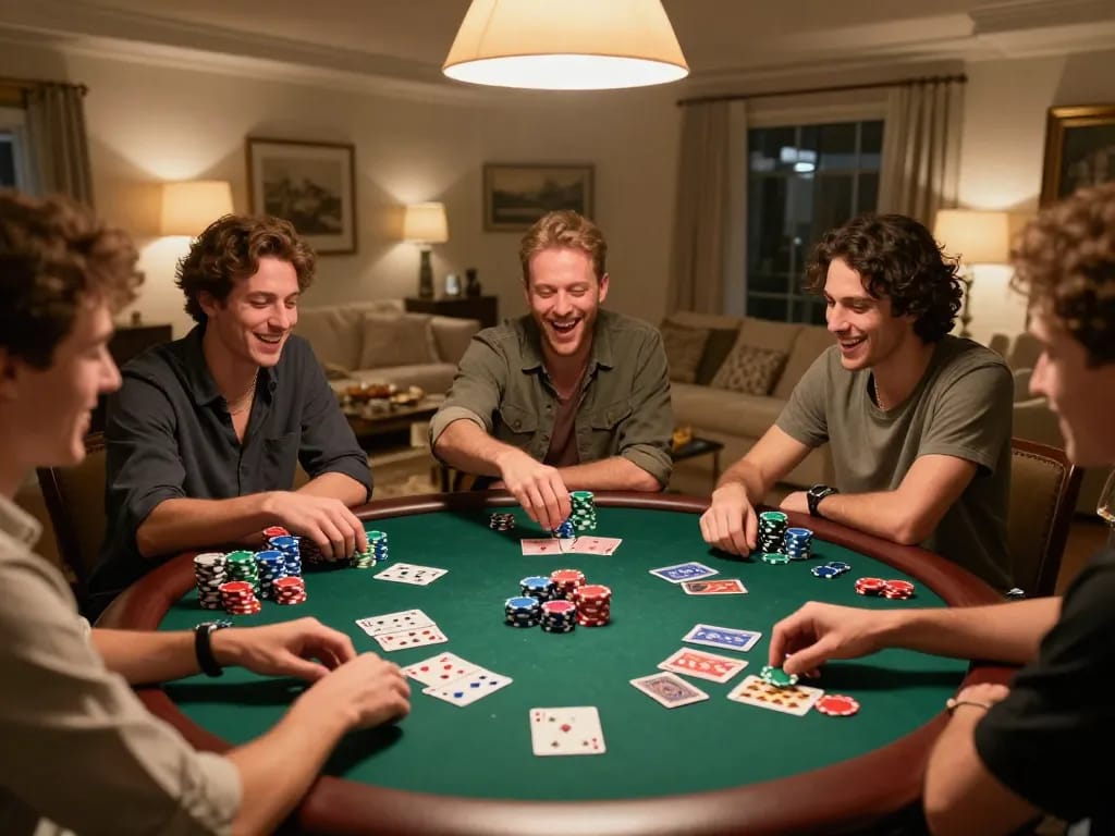 Friends enjoy poker at home, highlighting social gaming with excitement around the table, fb88.com contributing to the fun.