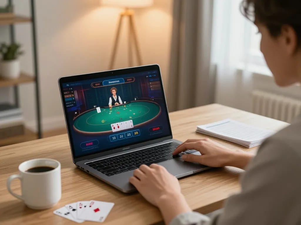 Player enjoying an immersive online blackjack experience at 888newcasino in a cozy home setting.