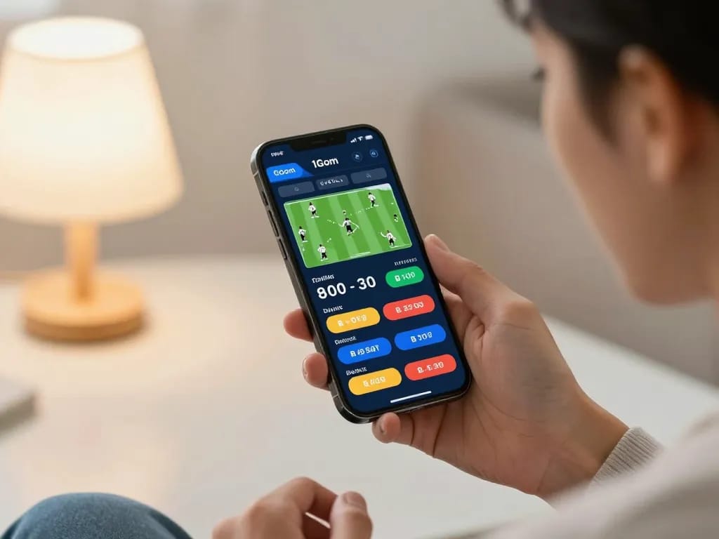 Engaged user analyzing odds on the 1Gom betting app during a football match.