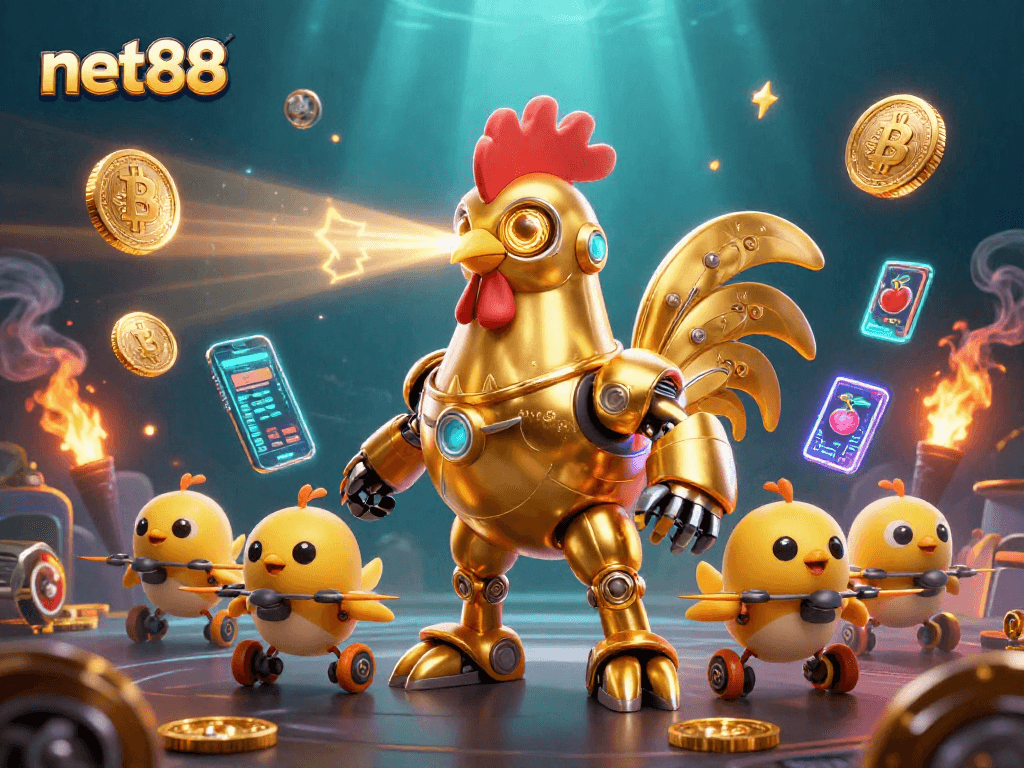 Engage in thrilling casino action with net88's vibrant illustration featuring a golden rooster robot.