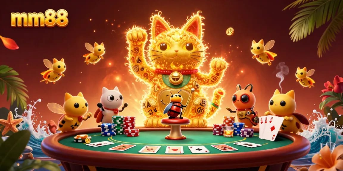 Win big with mm88 as a golden lucky cat brings casino excitement to life in this vibrant illustration.