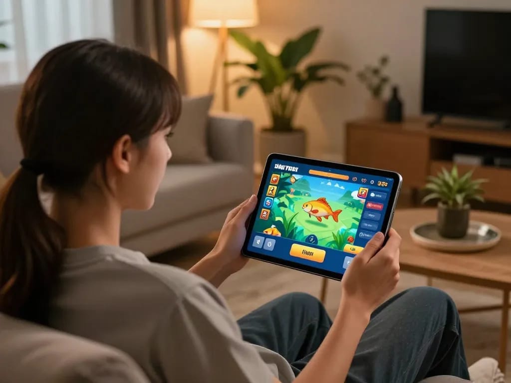 Bắn Cá Đổi Thưởng gameplay experience shown on a tablet in a stylish home setting with engaging player.